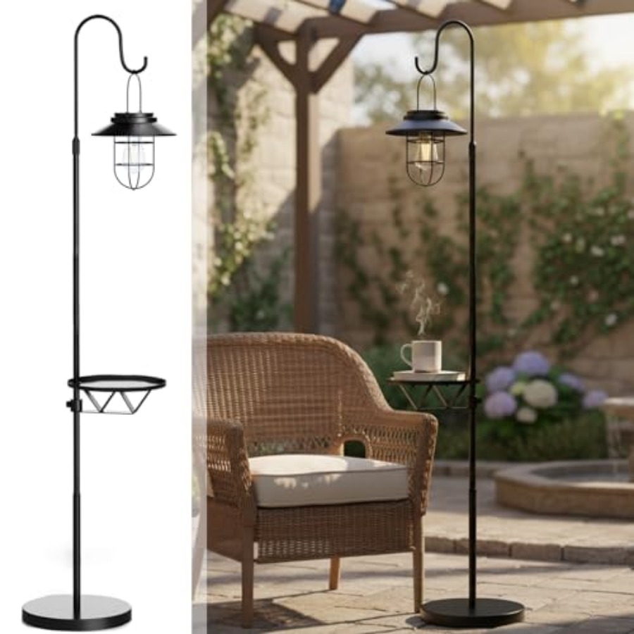 Outdoor Lighting Lamp - ソーラーフロアランプ（テーブル付き）、60インチ屋外用シェパードフック付きソーラーライト、防水メタルサイドテーブル（パティオ用）、頑丈なソーラー式