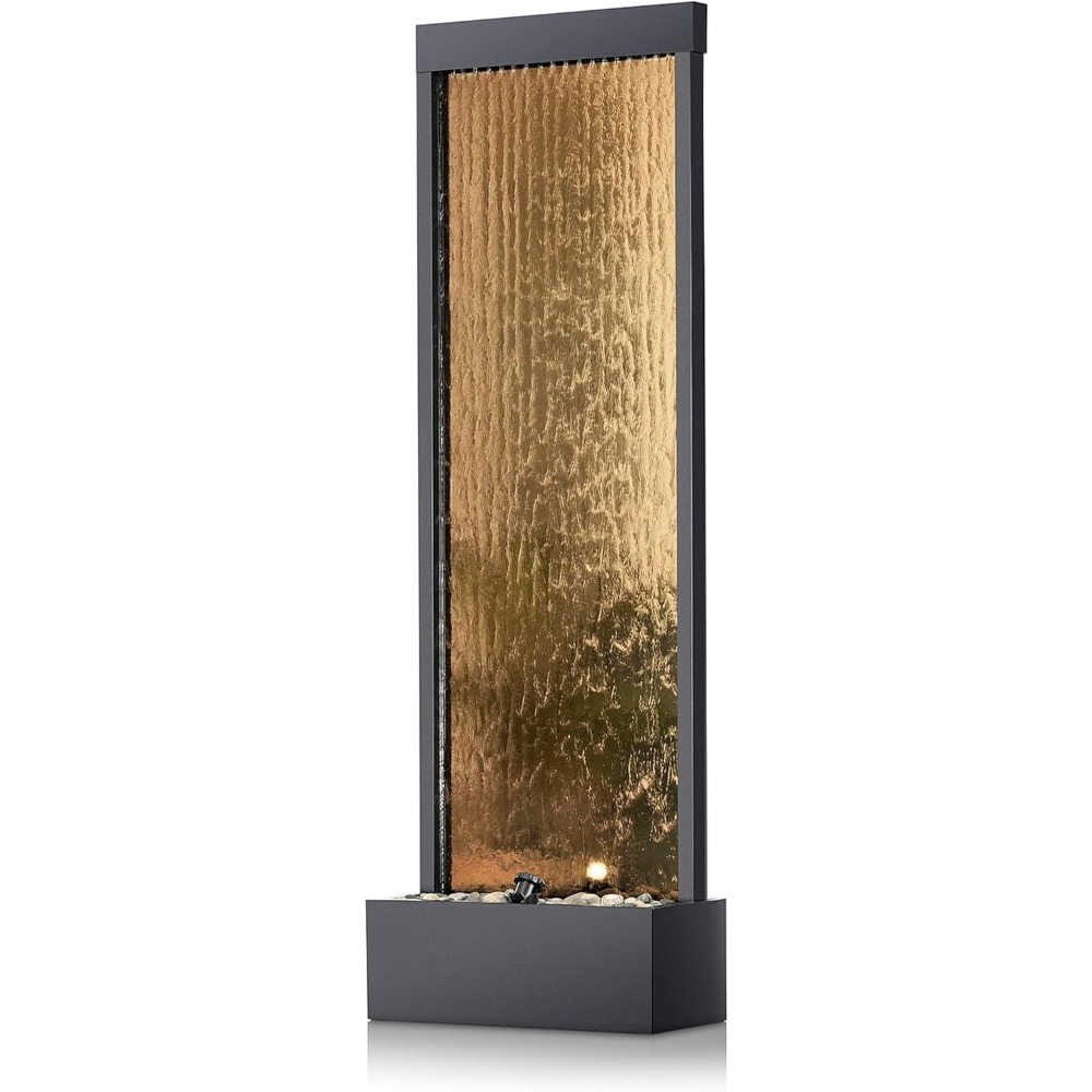 Outdoor Lighting Bronze - 背の高い屋内外兼用ミラー滝フロア噴水、LEDライトと川石付き、エレガントなブロンズ仕上げ