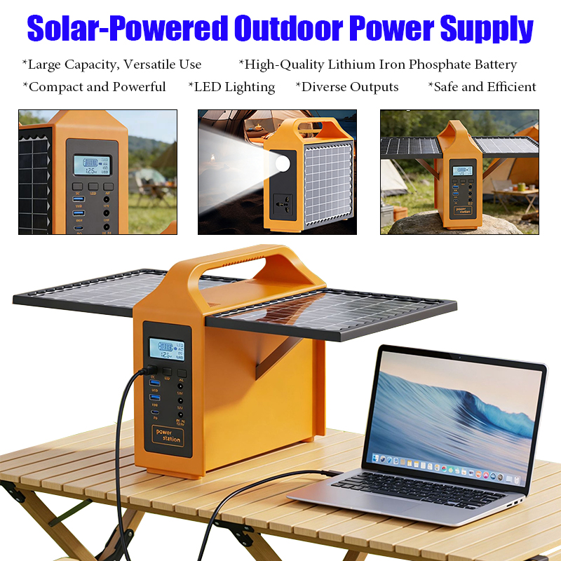 Outdoor Lighting Experts - 150Wポータブルソーラー発電ステーション、LEDライトとソーラーパネル付き、220V/110V電源、ソーラー発電機、屋外用バックアップ電源