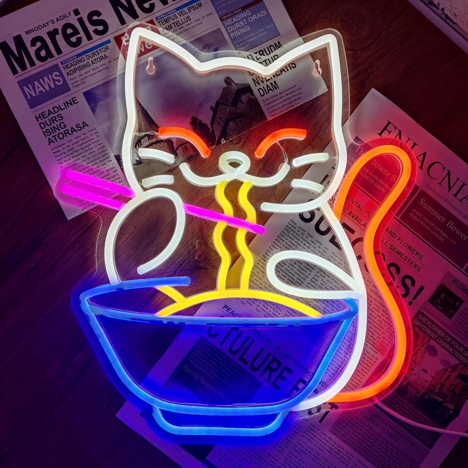 Outdoor Lighting For Store - ラッキーキャットヌードルLEDネオンサイン,ネオンサイン,壁の装飾,家,バー,リビングルーム,店舗,クラブ,ビストロ