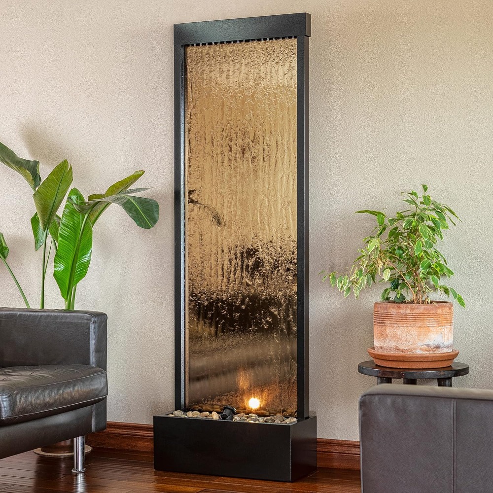 背の高い屋内外兼用ミラー滝フロア噴水、LEDライトと川石付き - Outdoor Lighting Bronze のレビューと価格