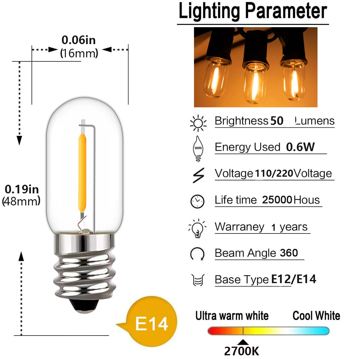 25個 LED T16 0.6W ストリング交換用電球 E1 - Outdoor Lighting Glass Replacement のレビューと価格